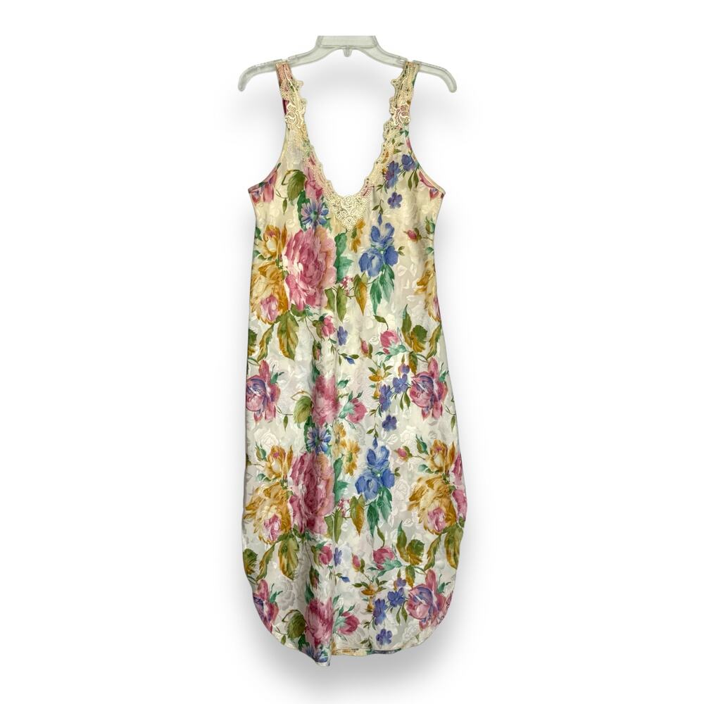 Vintage 90s Floral Satin Slip Dress Nightgown S Romantic Feminine